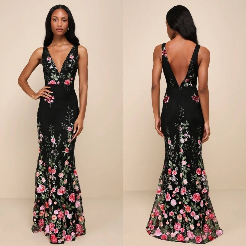 Lulus Soiree Blossom Black Floral Embroidered Mermaid Maxi Dress Wedding Party